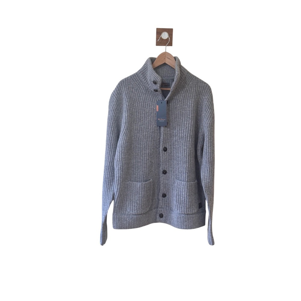 Ben Sherman Mens Wool Blend Ribbed Cardigan Sweater Grey XL ME00159 NWT